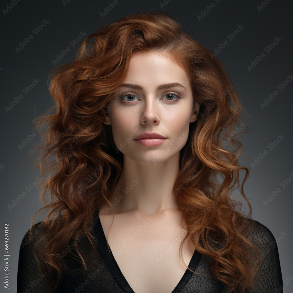 Generative AI image of a stunning attractive mature woman with beautiful long wavy hair isolated on a grey background, realistic, natural Generative AI image of a stunning attractive mature woman with beautiful long wavy hair isolated on a grey background, realistic, natural