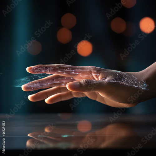 A persons hand touching a interactive hologram computer display that has glowing lights and shows interactive data