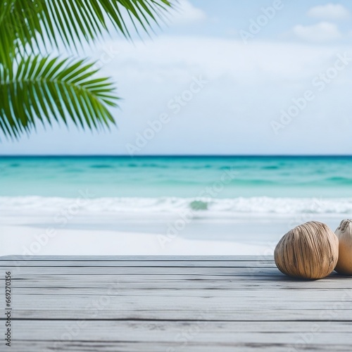 Wallpaper Mural Mockup for product in a beach with palm trees and coconuts. Generative AI. Torontodigital.ca