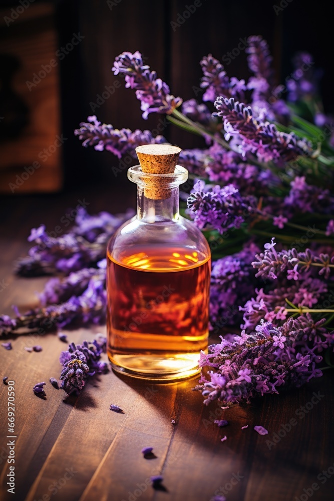 Essential lavender oil and flowers Essential lavender oil and flowers
