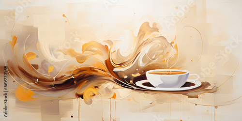 Coffee abstraction in beige tones, a white cup of coffee against a background of soft brown-white 3D waves, oil painting, acrylic