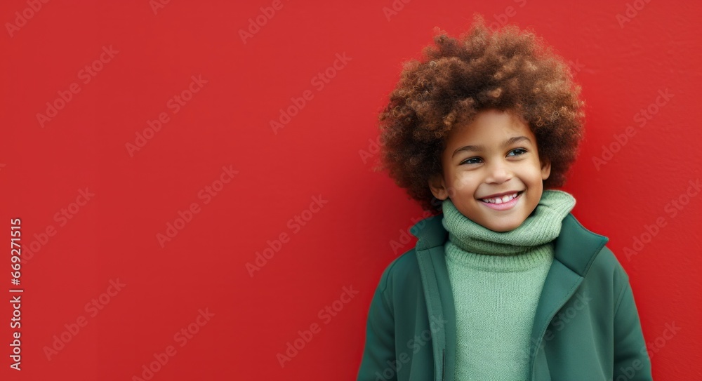 African american boy  child with curly hair smiling on wall background, childlike simplicity, playful, monochromatic colour scheme.