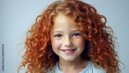 Portrait of a young, beautiful curly-haired girl with dark red hair, close-up