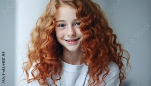 Portrait of a young, beautiful curly-haired girl with dark red hair, close-up