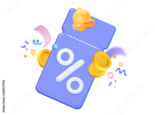 Flying confetti ticket and bell notification. Holiday gift voucher for birthday, new year, housewarming party. Online promo sale shopping. promotion on goods or discount on various services. 