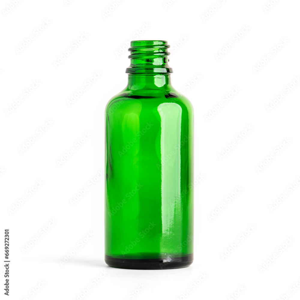 Glass Bottle. Green color bottle on white background. Empty bottle for general use. Cosmetic, medicine, healthcare. Glass Bottle. Green color bottle on white background. Empty bottle for general use. Cosmetic, medicine, healthcare.
