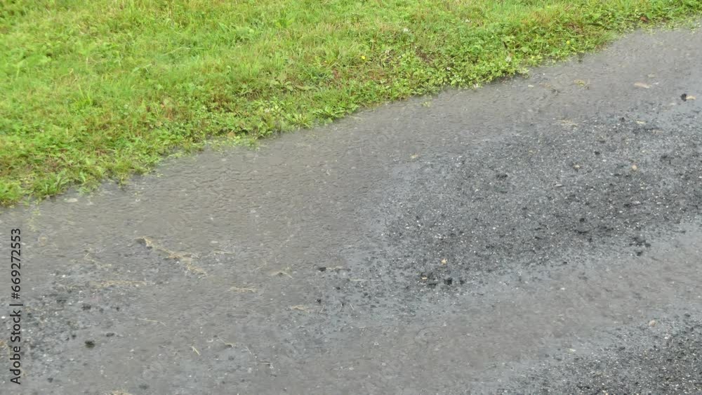 Water flowing on a country road with raindrops falling down and shoulder from green lawn during heavy rainfall - real time. Topics: weather, rainy season, natural environment Water flowing on a country road with raindrops falling down and shoulder from green lawn during heavy rainfall - real time. Topics: weather, rainy season, natural environment