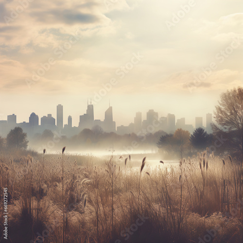 Artistic City Skyline Amidst Nature: A Landscape Photography in Neutral Muted Tones