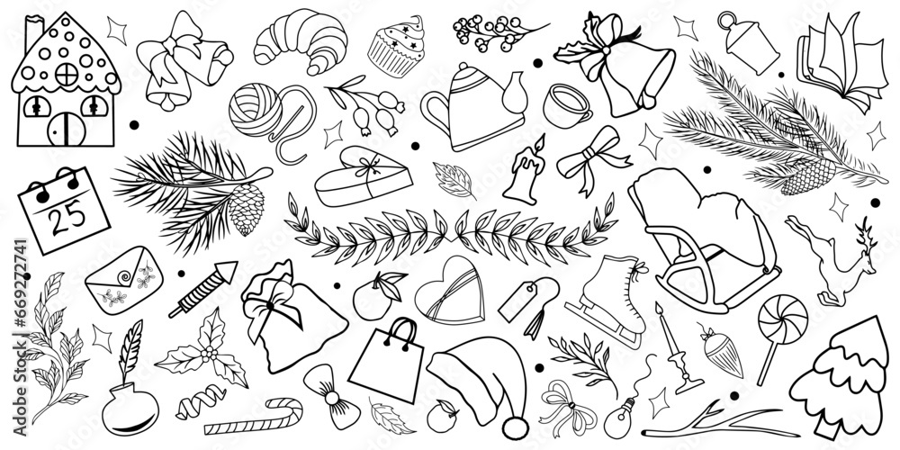 Big set of Christmas doodle design elements. Hand drawn vector. Isolated objects