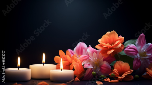 Flowers and candles for soul's day on a dark black gradient background