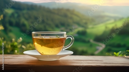 cup of delicious tea and a background of blurred mountains
