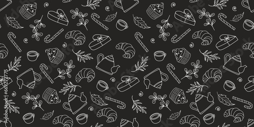 Seamless pattern of Christmas doodle elements. Hand drawn vector.