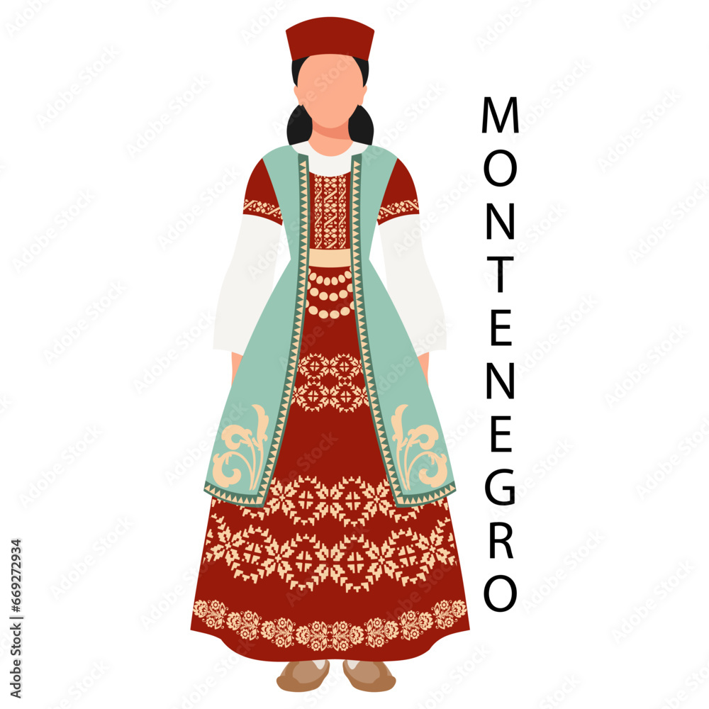 Woman in Montenegrin folk costume. Culture and traditions of Montenegro. Illustration, vector