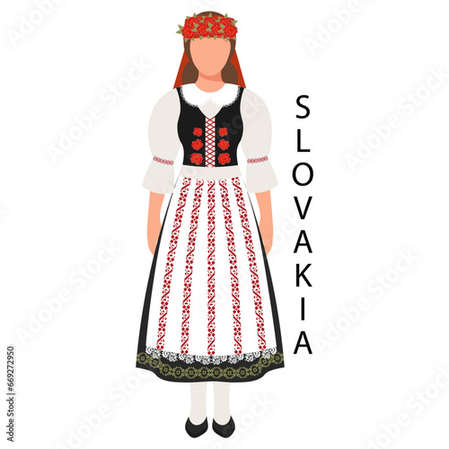 Woman in Slovak folk costume. Culture and traditions of Slovakia. Illustration, vector
