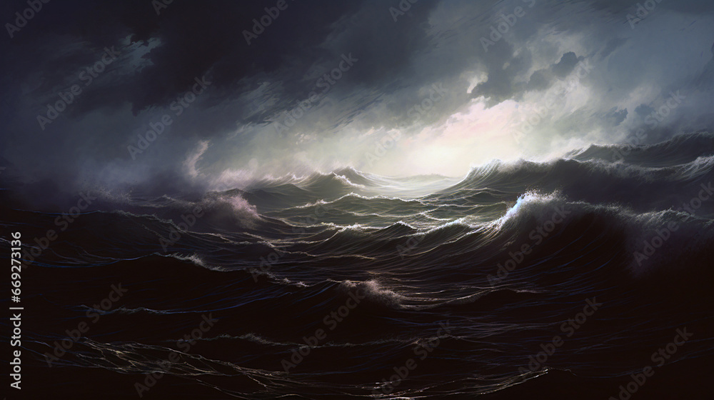 Painting of Intense Ocean Waves, Moody Environment, Storm Over the Sea