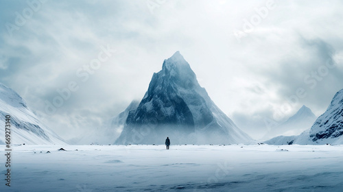 Person Standing at the Base of a Snowy Mountain, Winter, Snowy Mountains