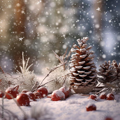 A winter scene with pinecones, red berries and falling snow, in the background a snowy forest can be seen