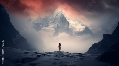 Women Standing at the Base of a Snowy Mountain, Winter, Snowy Mountains, Silhouette of a Person in the Mountains