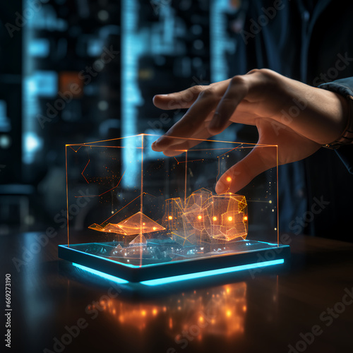 A persons hand touching a interactive hologram computer display that has glowing lights and shows interactive data