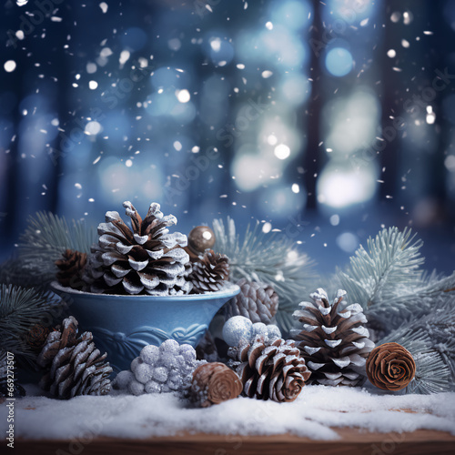 A winter scene with pinecones, red berries and falling snow, in the background a snowy forest can be seen