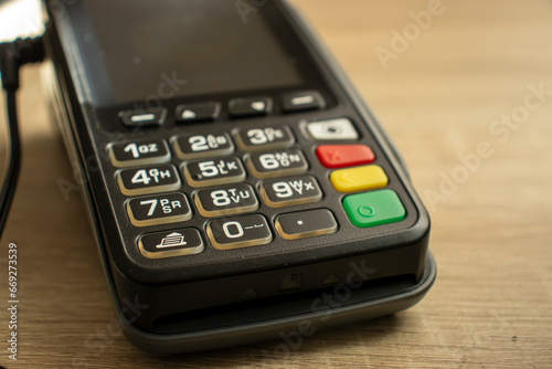  Close-up view of a banking payment terminal and keyboard concept