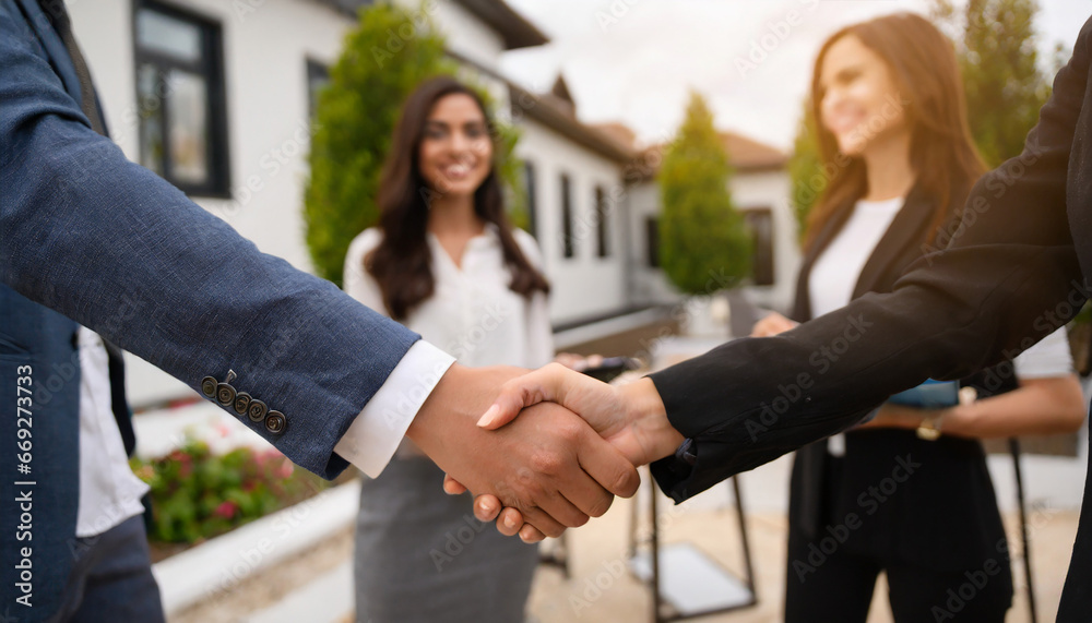 Estate agent and customers shake hands together