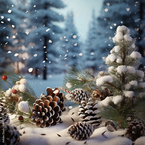 A winter scene with pinecones, red berries and falling snow, in the background a snowy forest can be seen