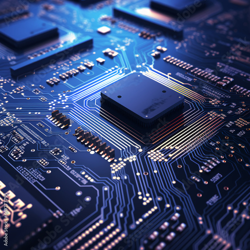 Up close image of computer micro electronics and computer chips on a lit up electronics board