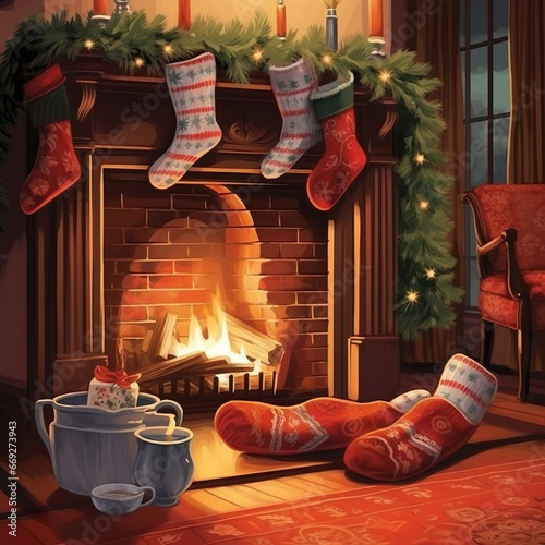 Christmas holiday winter time home greeting card - Feet in wool socks, fireplace in the background - Generative AI