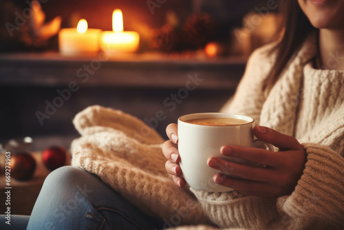 Close-up of a cup of coffee held in the hands of a young woman in a cozy home decorated for Christmas