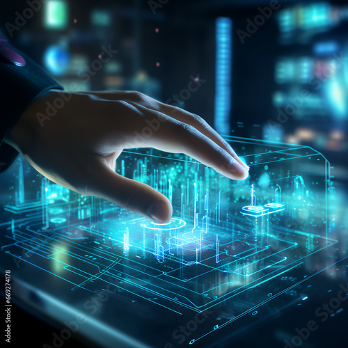 A persons hand touching a interactive hologram computer display that has glowing lights and shows interactive data