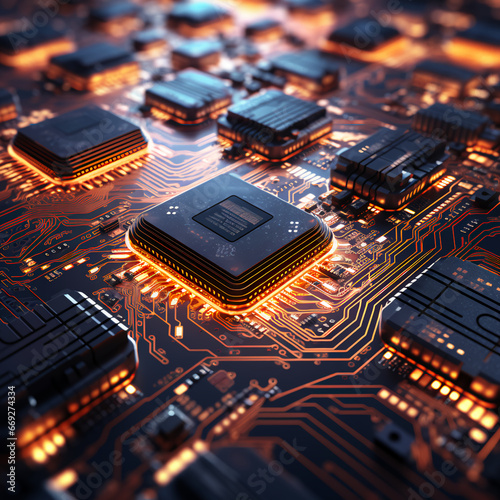 Up close image of computer micro electronics and computer chips on a lit up electronics board