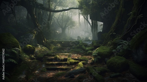 Mystical Interior of a damp forest serene Ai generated art © Biplob