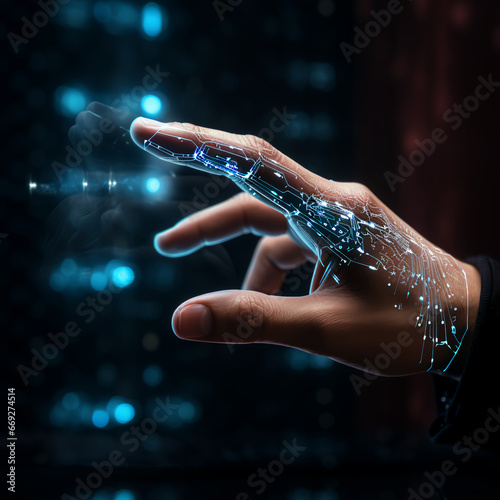 A persons hand touching a interactive hologram computer display that has glowing lights and shows interactive data