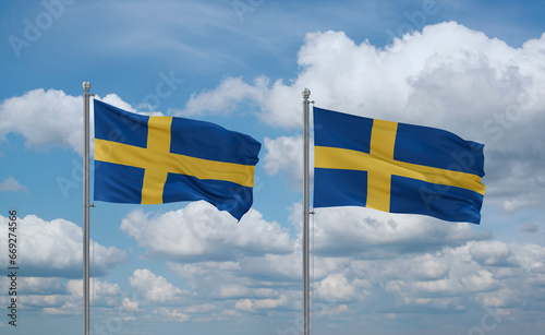 Two Sweden flags, country relationship concept