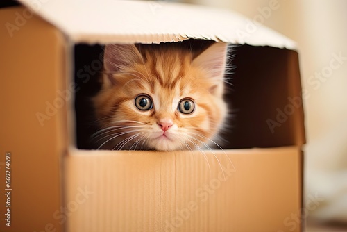 A cute kitten with green eyes in a cardboard box, a playful and adorable domestic pet.