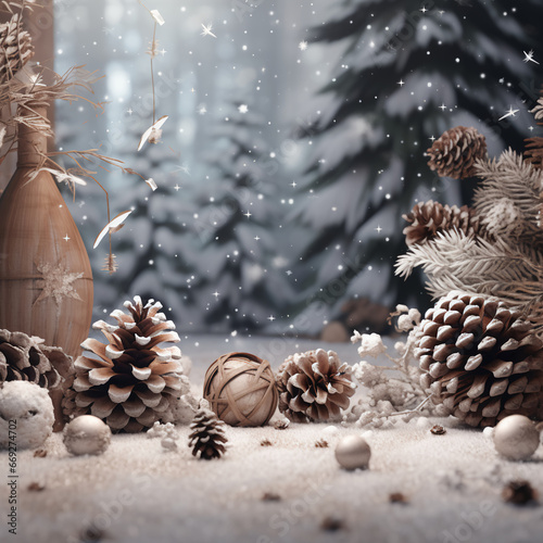 A winter scene with pinecones, red berries and falling snow, in the background a snowy forest can be seen