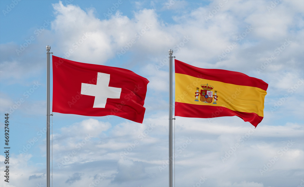 Spain and Switzerland flags, country relationship concept Spain and Switzerland flags, country relationship concept