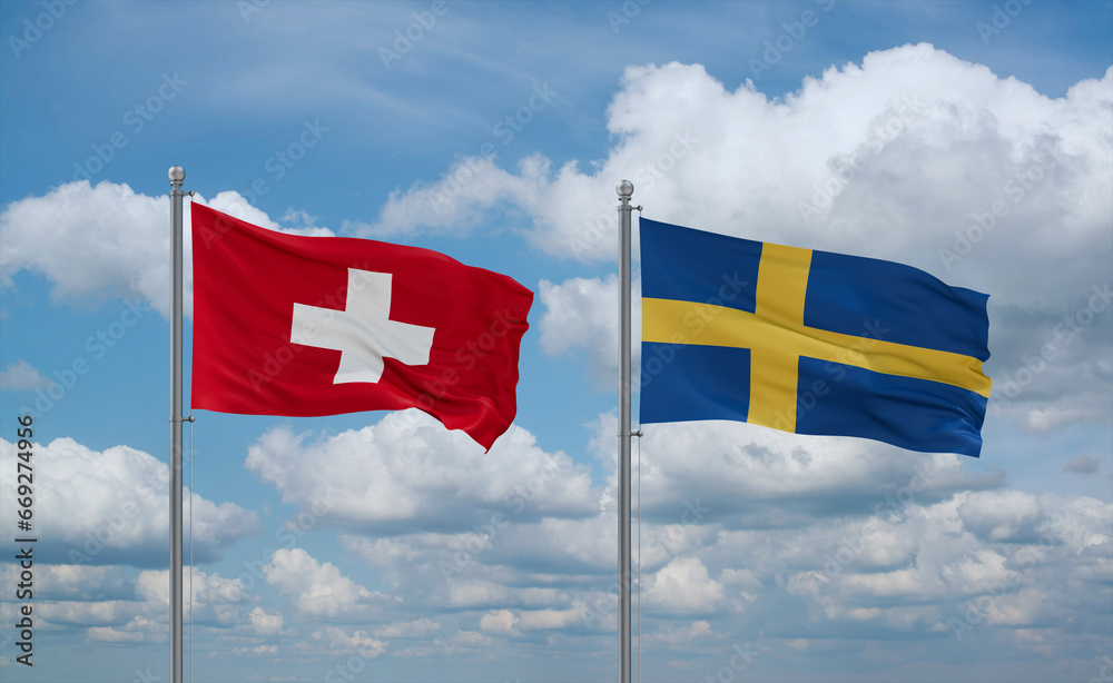 Sweden and Switzerland flags, country relationship concept