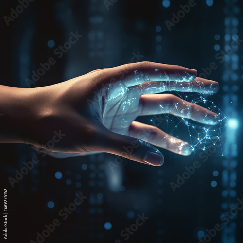 A persons hand touching a interactive hologram computer display that has glowing lights and shows interactive data