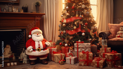 Decorated Christmas Tree with Presents and Toys of the Snowman and Santa Claus