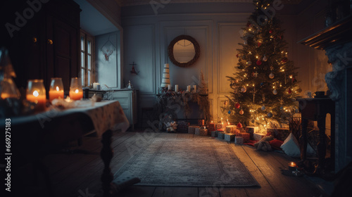 interior christmas. magic glowing tree, fireplace and gifts.