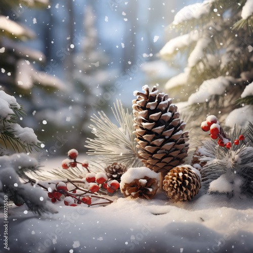 A winter scene with pinecones, red berries and falling snow, in the background a snowy forest can be seen