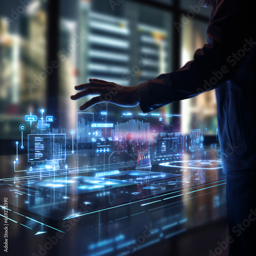 A persons hand touching a interactive hologram computer display that has glowing lights and shows interactive data