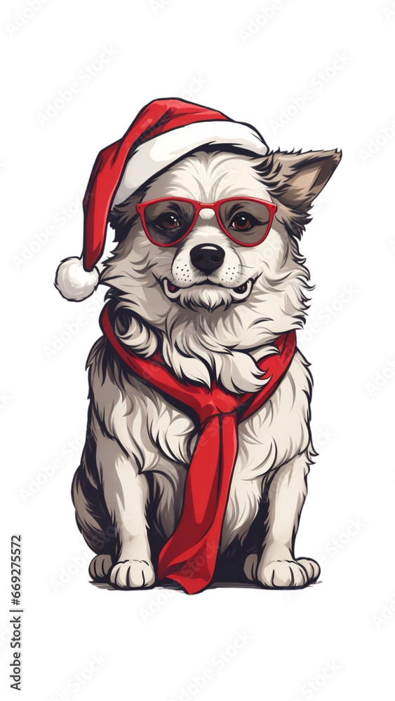 graphics of a  dog as Santa Claus on a white background