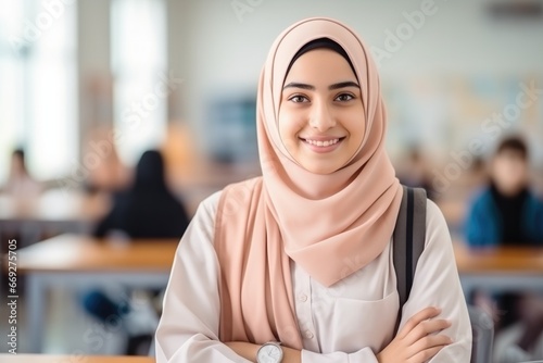 Back to school. Middle eastern muslim school female teenage student posing at the classroom looking at the camera photo