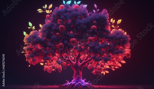 Red delicious apple tree neon light illustration Ai generated art
