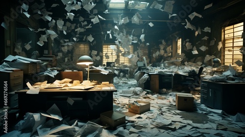 A disheveled office space with overflowing trash bins and scattered paperwork.