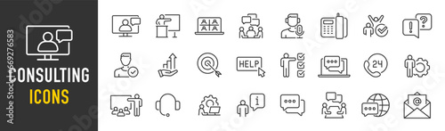Consulting web icons in line style. Consultation, meeting, conference, service, communication, collection. Vector illustration.