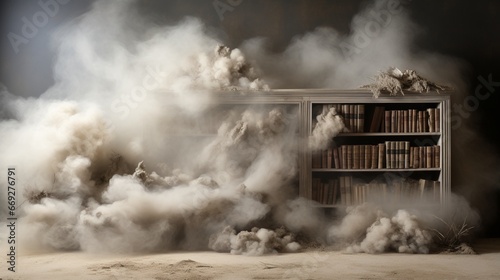 A pristine bookshelf with unread books covered in dust.